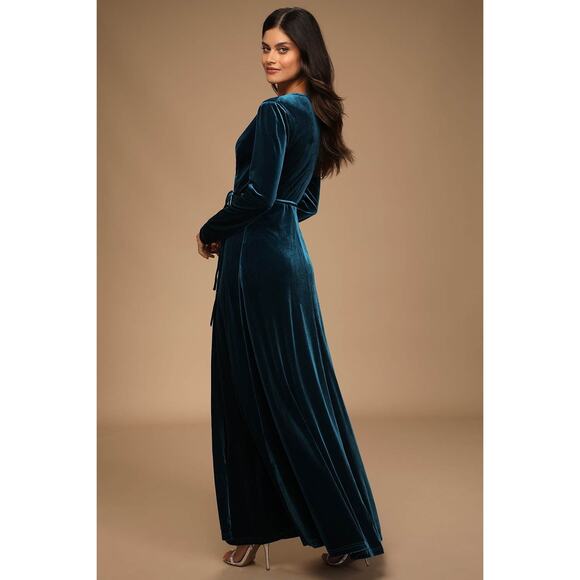 MEDIUM Lulu’s Jacinda Teal Blue Velvet Wrap Maxi Dress - Picture 3 of 6